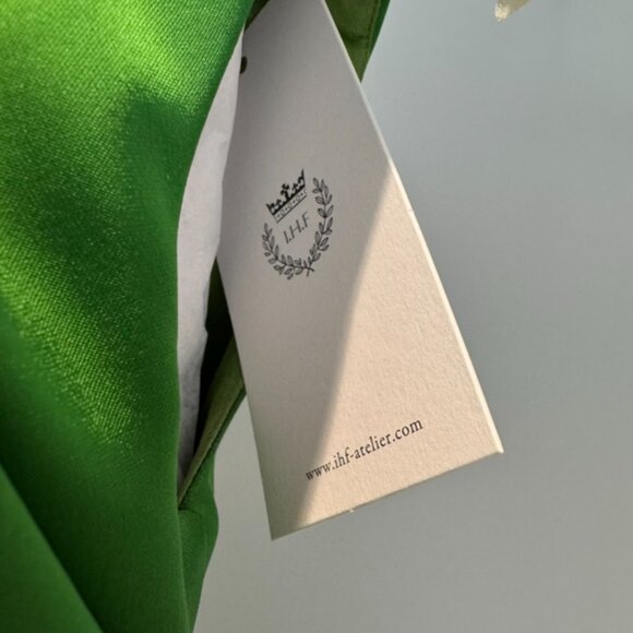 Green One Shoulder Cape Dropped Silk Gown by I.H.F Atelier - Picture 10 of 11